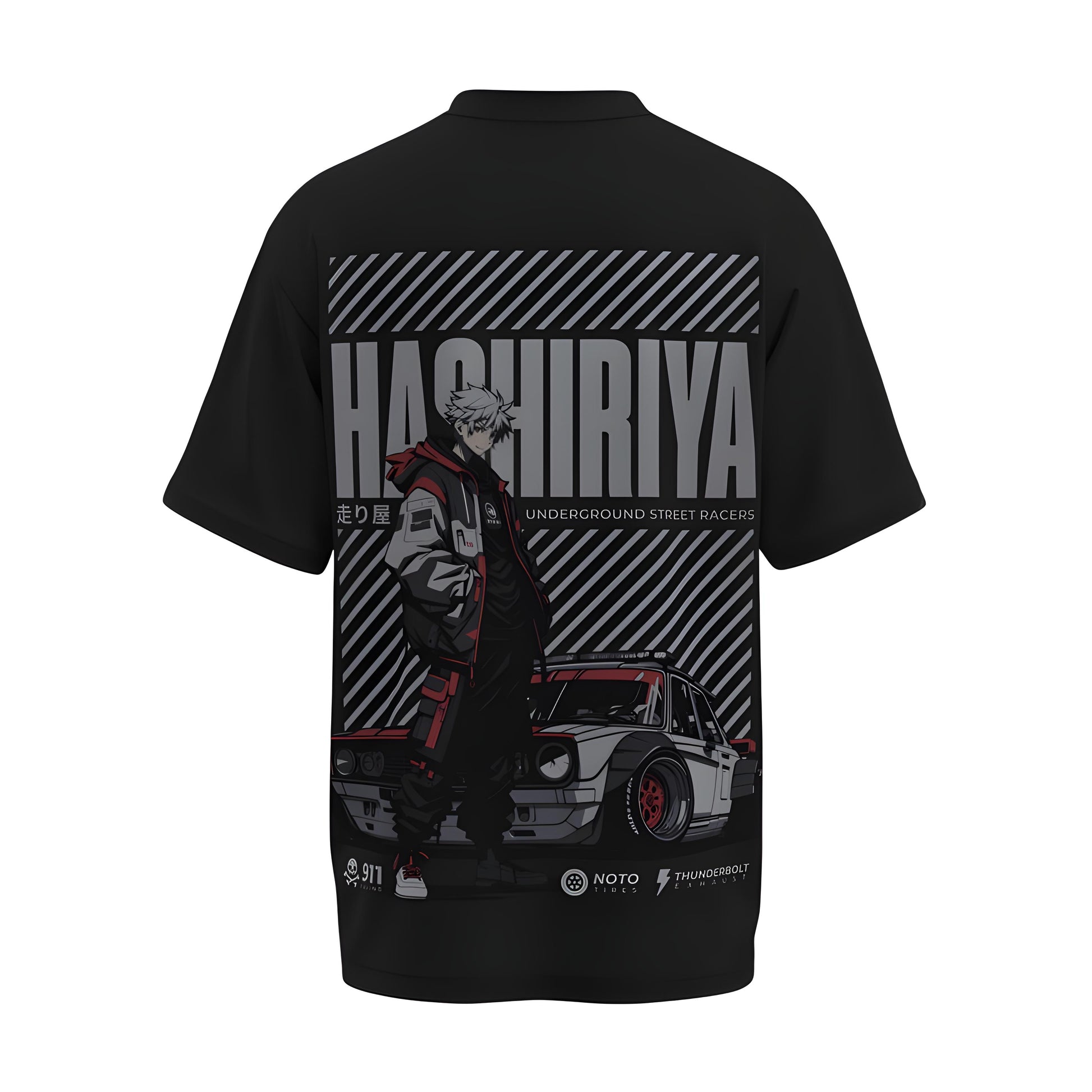 Back view of the premium oversized black t-shirt from Kashiba U with car design inspired by Animated Racer Boy printed at the back of the t-shirt. Shop trendy car t-shirt from the website of Kashiba U online. Buy Now!