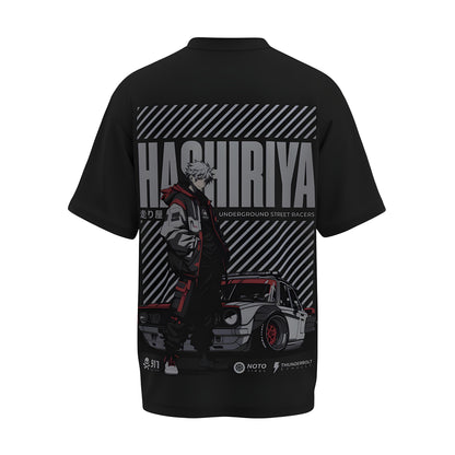 Back view of the premium oversized black t-shirt from Kashiba U with car design inspired by Animated Racer Boy printed at the back of the t-shirt. Shop trendy car t-shirt from the website of Kashiba U online. Buy Now!