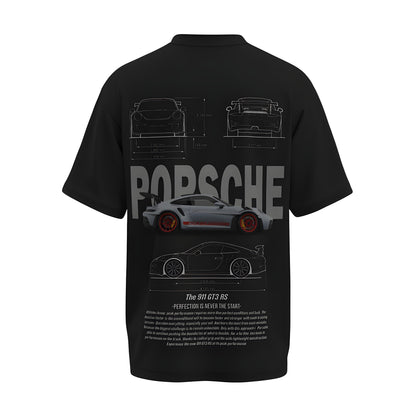 Back view of the premium oversized black t-shirt from Kashiba U with car design inspired by the Porsche with details printed at the back of the t-shirt. Shop trendy car t-shirt from the website of Kashiba U online. Buy Now!