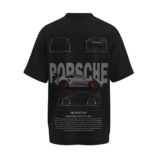 Back view of the premium oversized black t-shirt from Kashiba U with car design inspired by the Porsche with details printed at the back of the t-shirt. Shop trendy car t-shirt from the website of Kashiba U online. Buy Now!