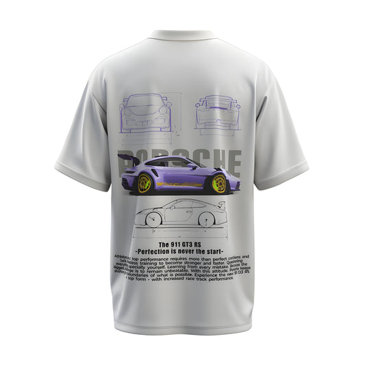 Back view of the premium oversized white t-shirt from Kashiba U with car design inspired by the Porsche 911 GT3 RS printed at the back of the t-shirt. Shop trendy car t-shirt from the website of Kashiba U online. Buy Now!