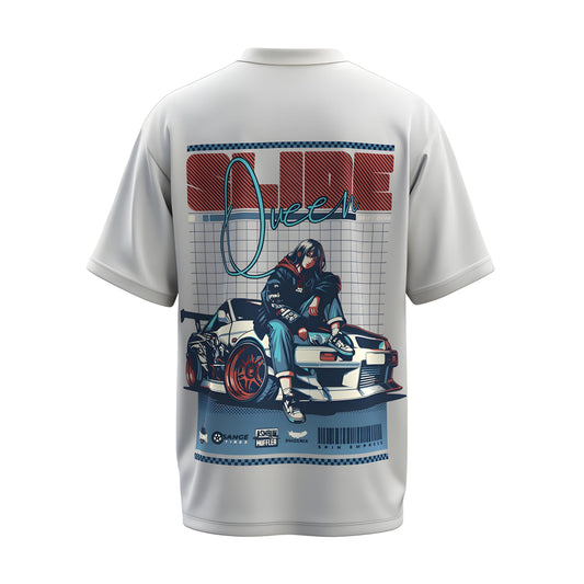 Back view of the premium oversized white t-shirt from Kashiba U with car design inspired by the Nissan GTR with Anime Girl printed at the back of the t-shirt. Shop trendy car t-shirt from the website of Kashiba U online. Buy Now!