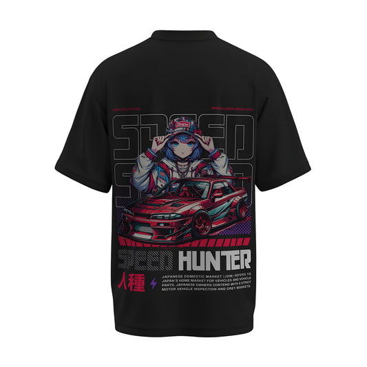 Back view of the premium oversized black t-shirt from Kashiba U with car design inspired by the Nissan GTR with Animated Racer Girl printed at the back of the t-shirt. Shop trendy car t-shirt from the website of Kashiba U online. Buy Now!