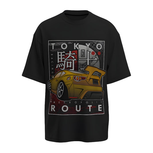 Front view of the premium oversized black t-shirt from Kashiba U with car design inspired by the Animated Car printed at the front of the t-shirt. Shop trendy car t-shirt from the website of Kashiba U online. Buy Now!