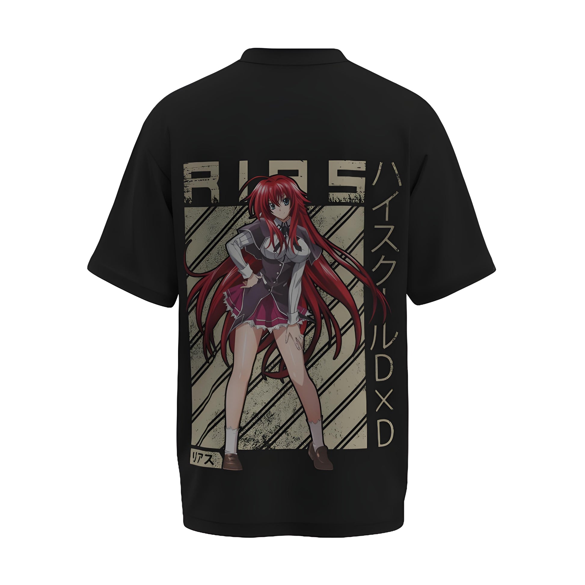 Back view of the premium oversized black t-shirt from Kashiba U with anime design inspired by the Rias Gremory from the anime called High School DxD printed at the (side) of the t-shirt. Shop trendy anime merch from the website of Kashiba U online. Buy Now!