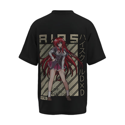 Back view of the premium oversized black t-shirt from Kashiba U with anime design inspired by the Rias Gremory from the anime called High School DxD printed at the (side) of the t-shirt. Shop trendy anime merch from the website of Kashiba U online. Buy Now!