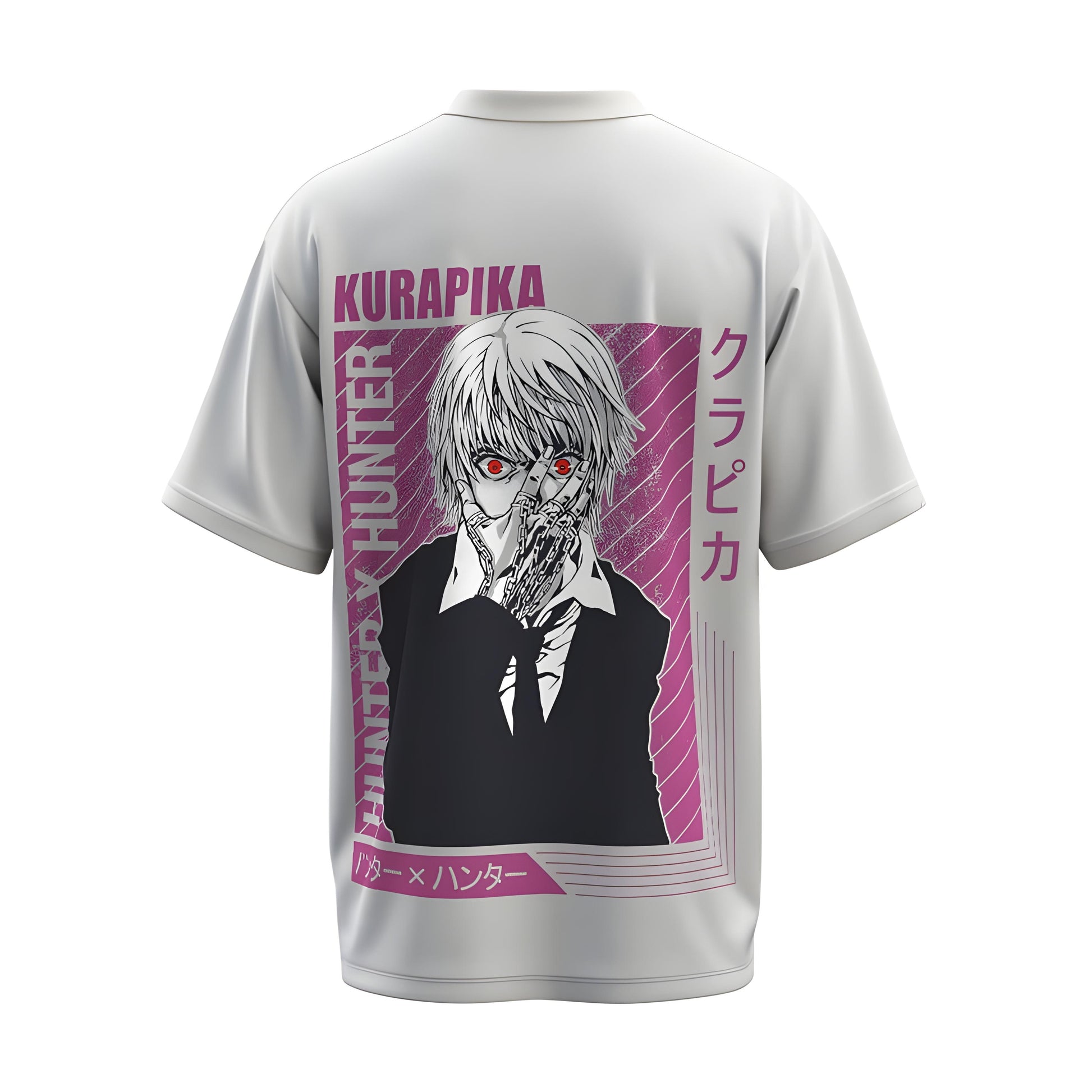 Back view of the premium oversized white t-shirt from Kashiba U with anime design inspired by the Kurapika from the anime called Hunter X Hunter printed at the (side) of the t-shirt. Shop trendy anime merch from the website of Kashiba U online. Buy Now!