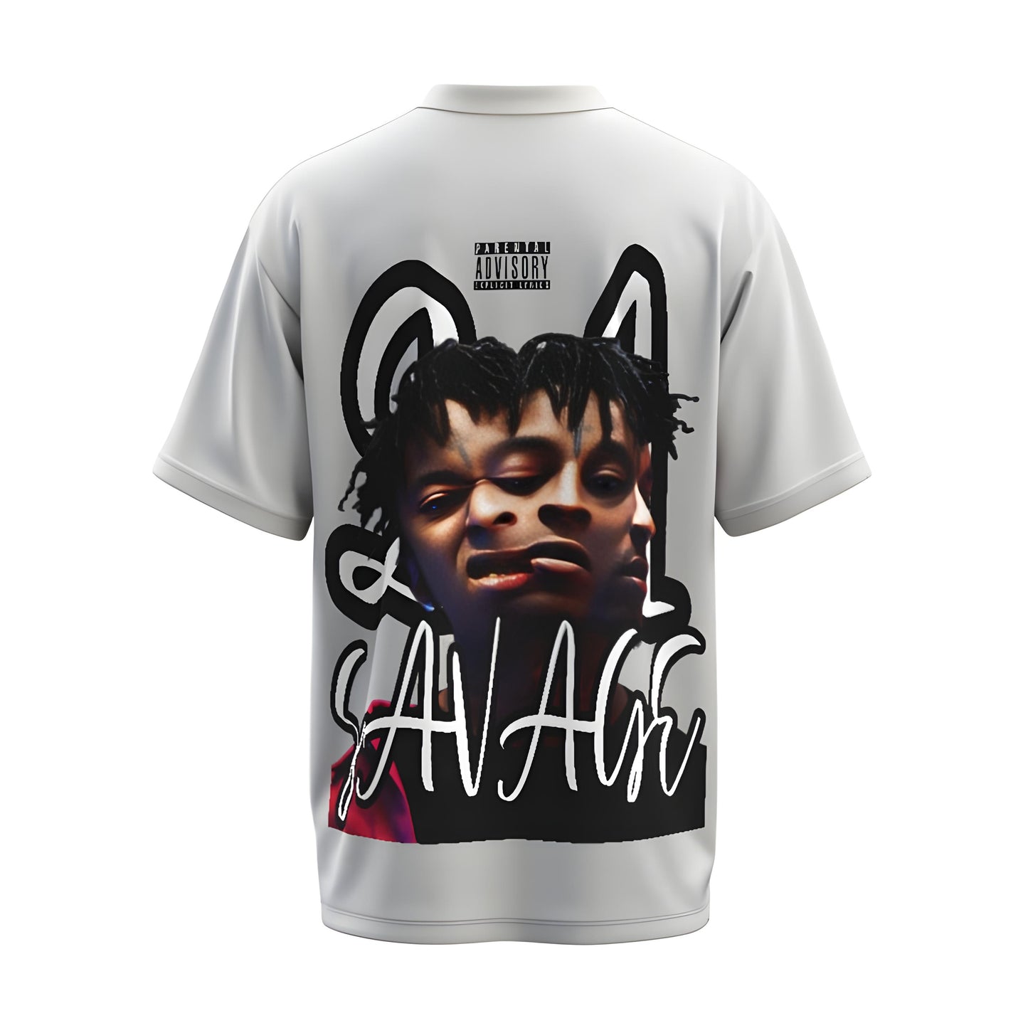 Back view of the premium oversized white t-shirt from Kashiba U with celebrity design inspired by the 21 Savage printed at the back of the t-shirt. Shop trendy merch perfect for every occasion for 21 Savage fans from Kashiba U online. Buy Now!