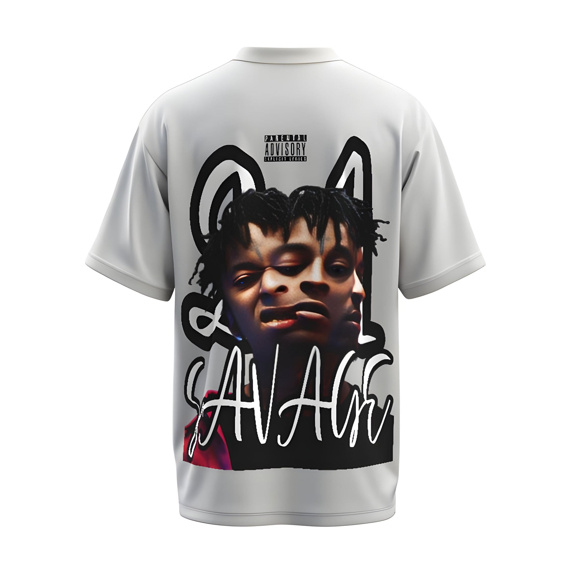 Back view of the premium oversized white t-shirt from Kashiba U with celebrity design inspired by the 21 Savage printed at the back of the t-shirt. Shop trendy merch perfect for every occasion for 21 Savage fans from Kashiba U online. Buy Now!