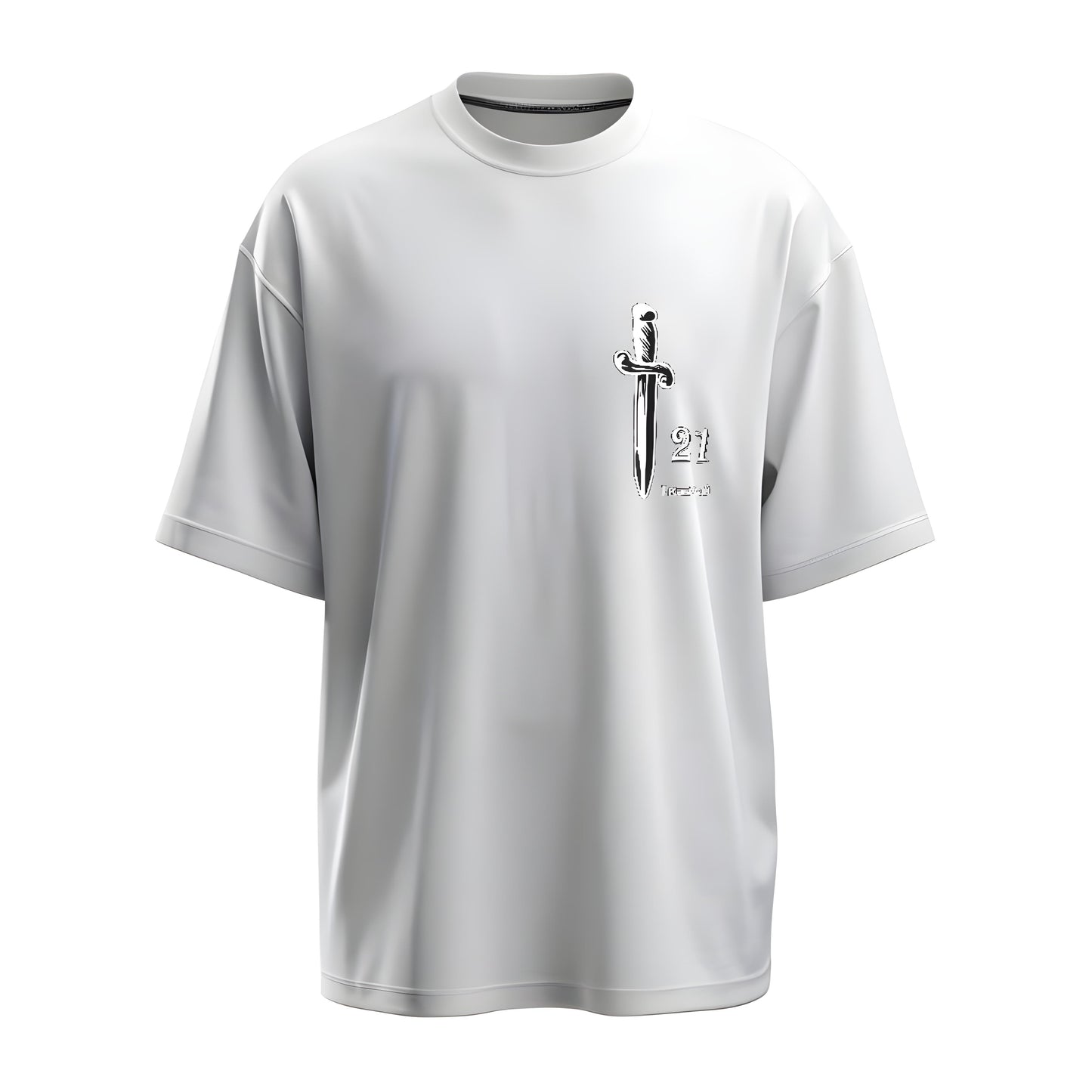 Front  view of the premium oversized white t-shirt from Kashiba U with celebrity design inspired by the knife with 21 printed at the upper left front of the t-shirt. Shop trendy merch perfect for every occasion for 21 Savage fans from Kashiba U online. Buy Now!
