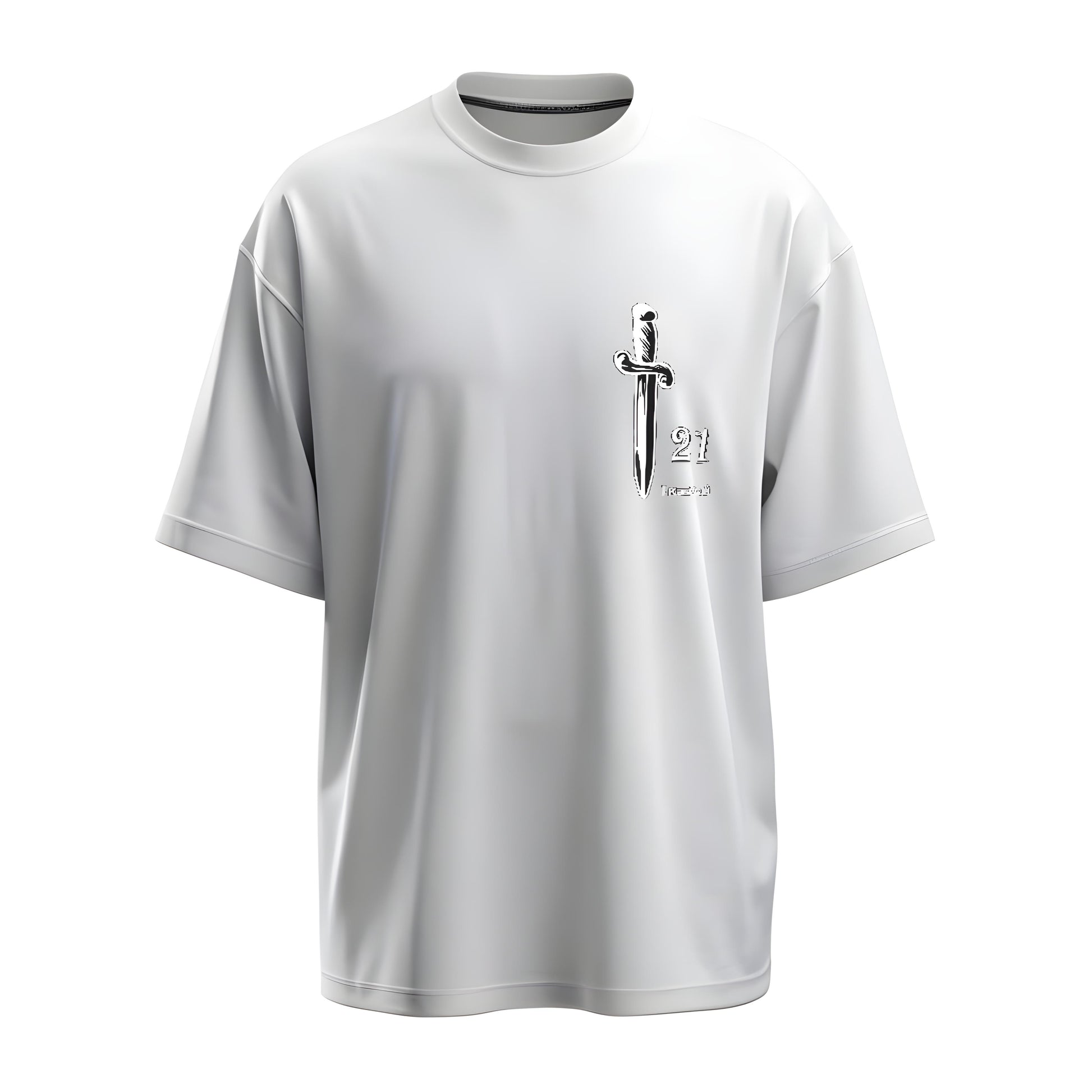 Front  view of the premium oversized white t-shirt from Kashiba U with celebrity design inspired by the knife with 21 printed at the upper left front of the t-shirt. Shop trendy merch perfect for every occasion for 21 Savage fans from Kashiba U online. Buy Now!