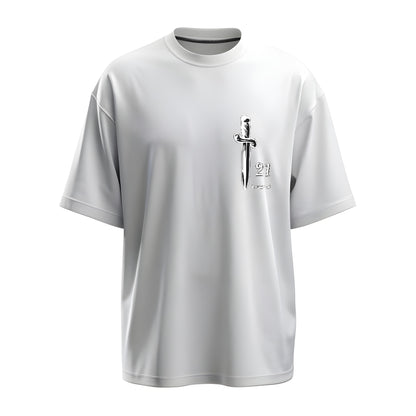 Front  view of the premium oversized white t-shirt from Kashiba U with celebrity design inspired by the knife with 21 printed at the upper left front of the t-shirt. Shop trendy merch perfect for every occasion for 21 Savage fans from Kashiba U online. Buy Now!
