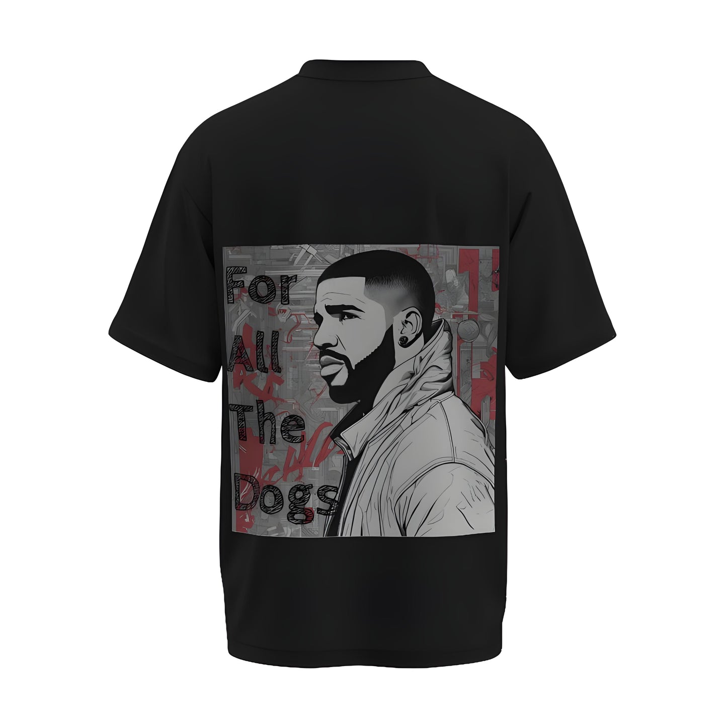 Back view of the premium oversized black t-shirt from Kashiba U with celebrity design inspired by the Drake printed at the back of the t-shirt. Shop trendy merch perfect for every occasion for Drake fans from Kashiba U online. Buy Now!