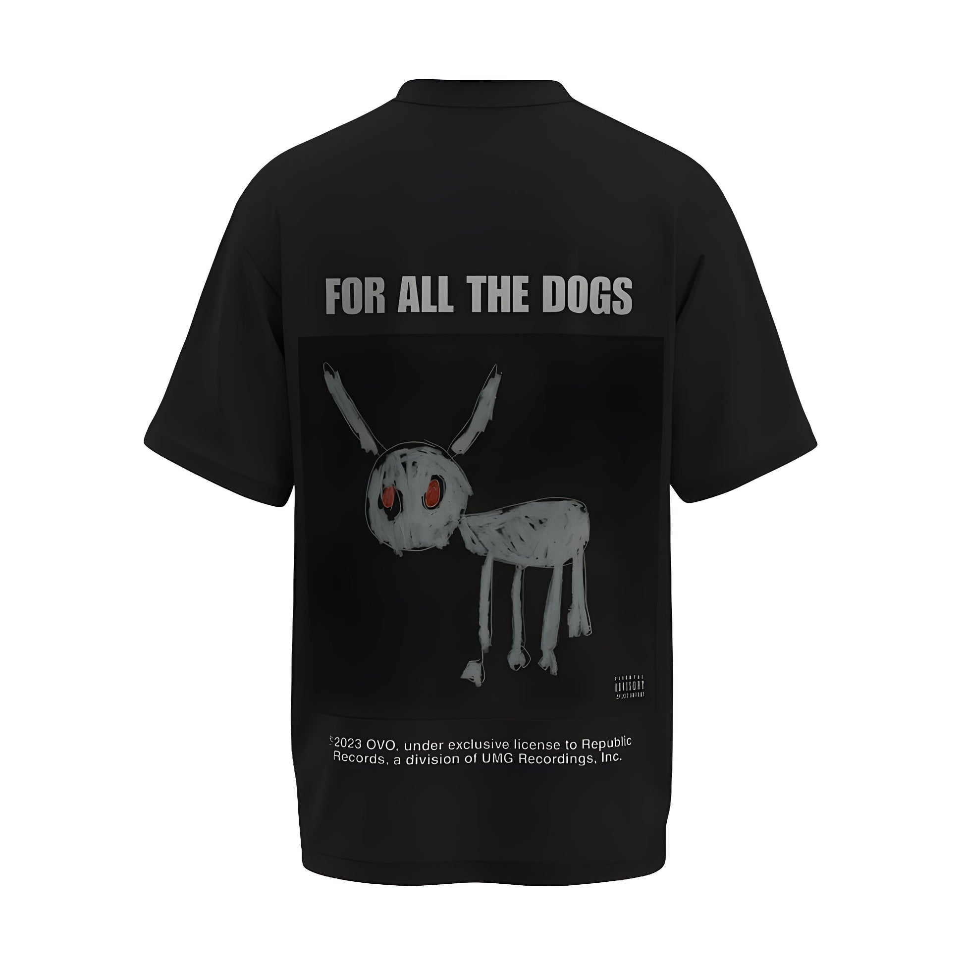 Back view of the premium oversized black t-shirt from Kashiba U with celebrity design inspired by the For All The Dogs by Drake Album Art printed at the back of the t-shirt. Shop trendy merch perfect for every occasion for Drake fans from Kashiba U online. Buy Now!