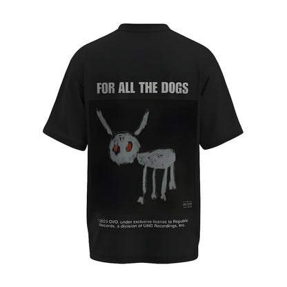 Back view of the premium oversized black t-shirt from Kashiba U with celebrity design inspired by the For All The Dogs by Drake Album Art printed at the back of the t-shirt. Shop trendy merch perfect for every occasion for Drake fans from Kashiba U online. Buy Now!