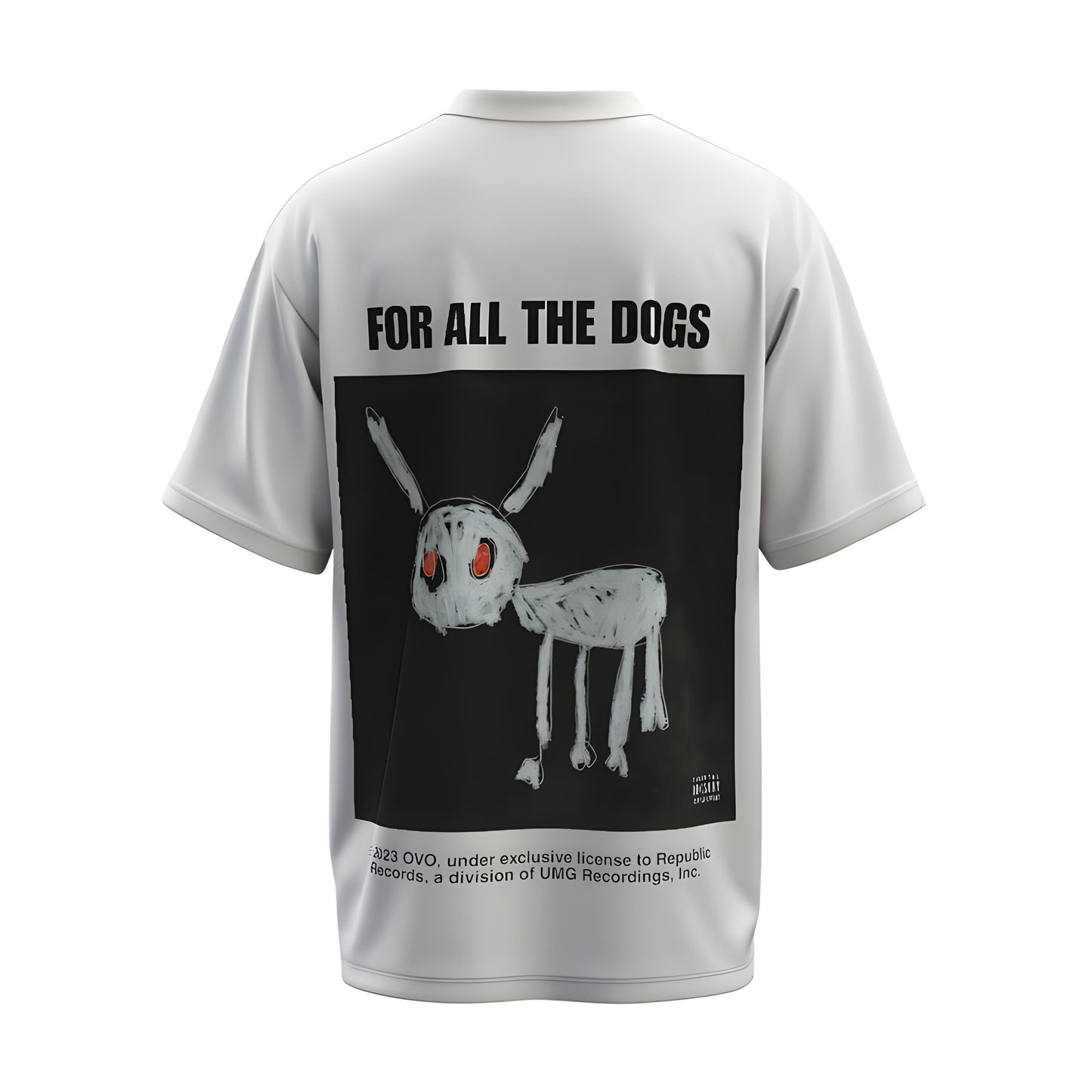 Back view of the premium oversized white t-shirt from Kashiba U with celebrity design inspired by the For All The Dogs by Drake Album Art printed at the back of the t-shirt. Shop trendy merch perfect for every occasion for Drake fans from Kashiba U online. Buy Now!