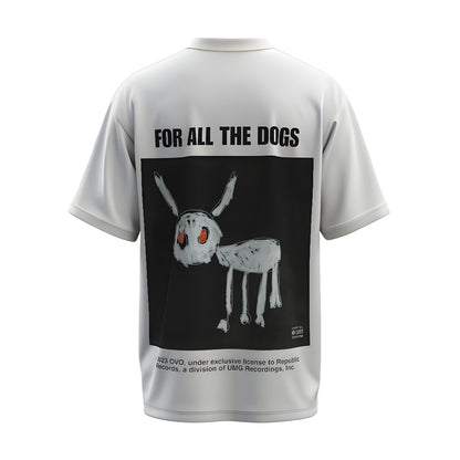Back view of the premium oversized white t-shirt from Kashiba U with celebrity design inspired by the For All The Dogs by Drake Album Art printed at the back of the t-shirt. Shop trendy merch perfect for every occasion for Drake fans from Kashiba U online. Buy Now!