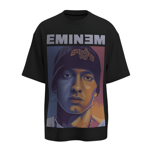 Front view of the premium oversized black t-shirt from Kashiba U with celebrity design inspired by Eminem printed at the front of the t-shirt. Shop trendy merch perfect for every occasion for Slim Shady fans from Kashiba U online. Buy Now!