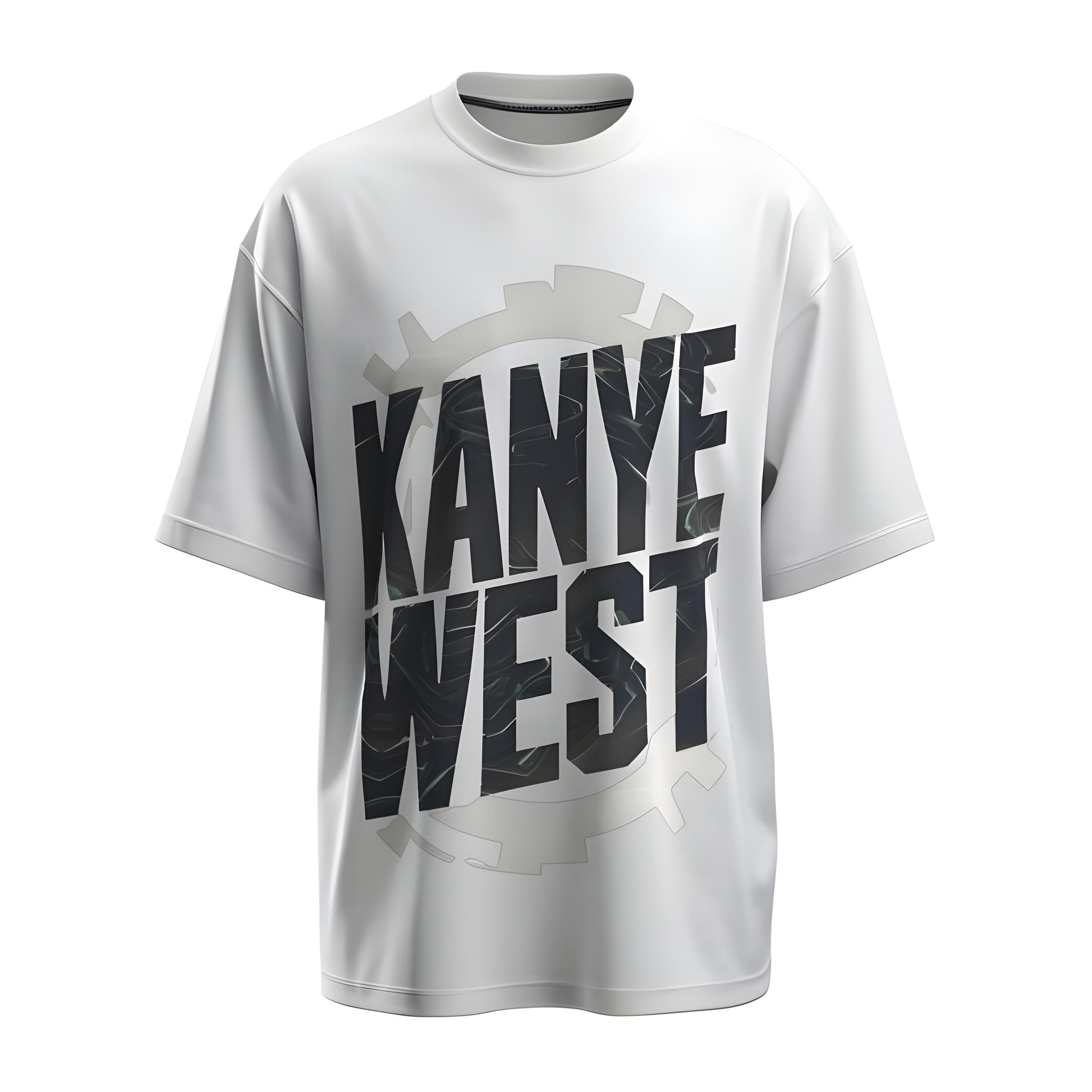 Front view of the premium oversized white t-shirt from Kashiba U with celebrity design inspired by the Kanye West printed at the front of the t-shirt. Shop trendy merch perfect for every occasion for Ye fans from Kashiba U online. Buy Now!