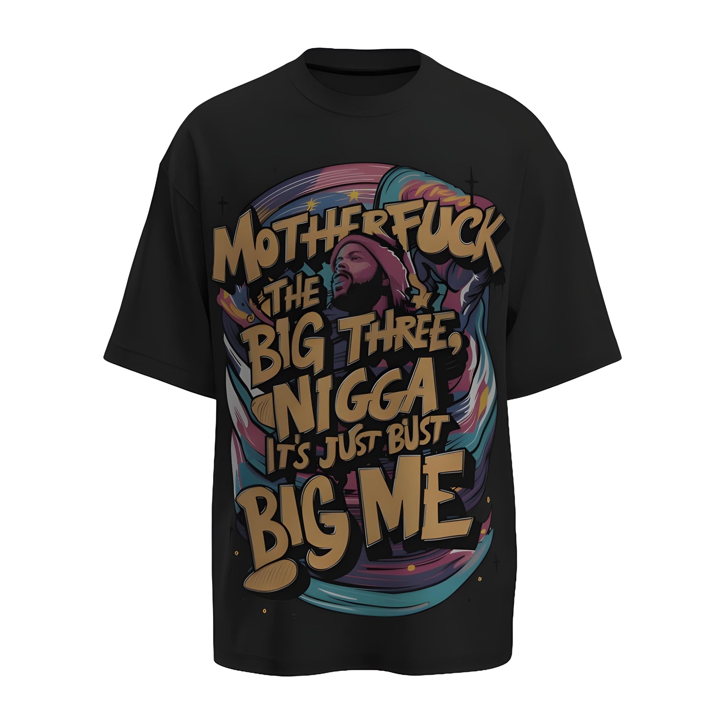 Front view of the premium oversized black t-shirt from Kashiba U with celebrity design inspired by the Kendrick Lamar The Big Three printed at the front of the t-shirt. Shop trendy merch perfect for every occasion for Kendrick Lamar fans from Kashiba U online. Buy Now!
