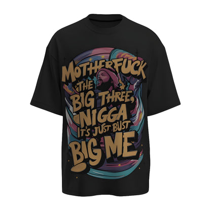 Front view of the premium oversized black t-shirt from Kashiba U with celebrity design inspired by the Kendrick Lamar The Big Three printed at the front of the t-shirt. Shop trendy merch perfect for every occasion for Kendrick Lamar fans from Kashiba U online. Buy Now!