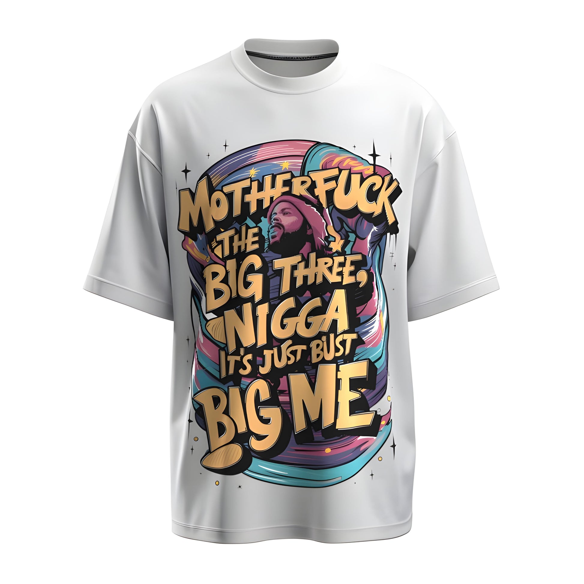 Front view of the premium oversized white t-shirt from Kashiba U with celebrity design inspired by the Kendrick Lamar The Big Three printed at the front of the t-shirt. Shop trendy merch perfect for every occasion for Kendrick Lamar fans from Kashiba U online. Buy Now!
