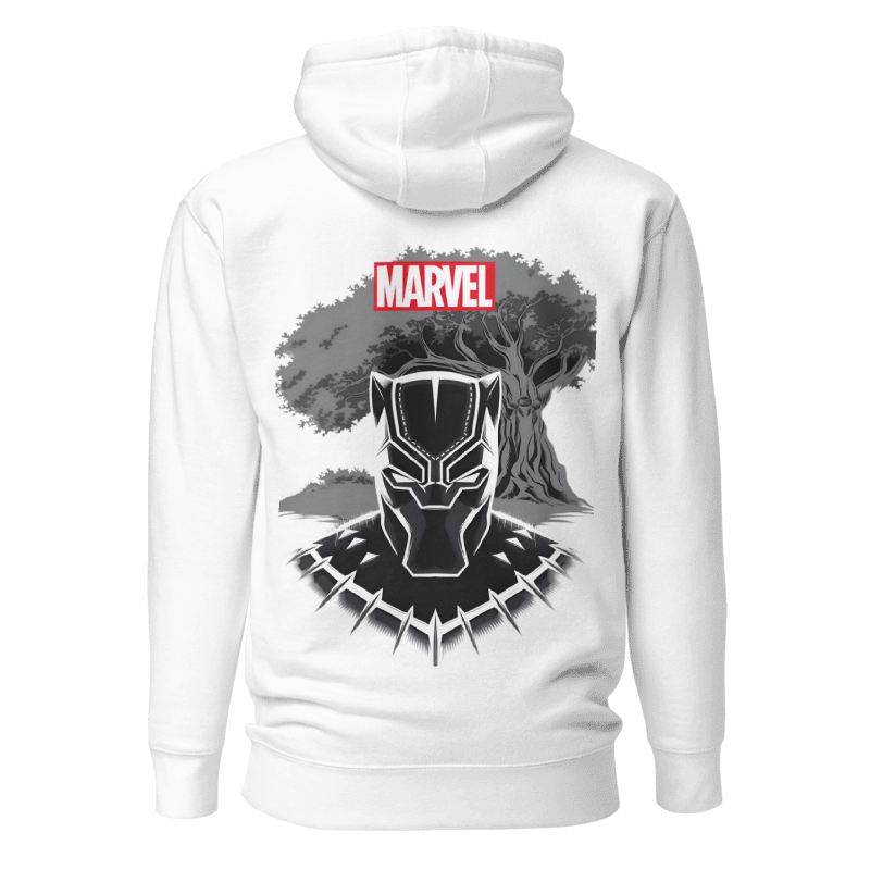 Back view of the premium and limited edition oversized white hoodie from Kashiba U will cool design inspired by Black Panther from Marvel printed at the back. Shop trendy graphic hoodie from Kashiba U online. Buy Now!