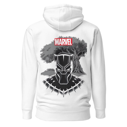 Back view of the premium and limited edition oversized white hoodie from Kashiba U will cool design inspired by Black Panther from Marvel printed at the back. Shop trendy graphic hoodie from Kashiba U online. Buy Now!