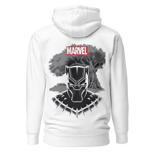 Back view of the premium and limited edition oversized white hoodie from Kashiba U will cool design inspired by Black Panther from Marvel printed at the back. Shop trendy graphic hoodie from Kashiba U online. Buy Now!