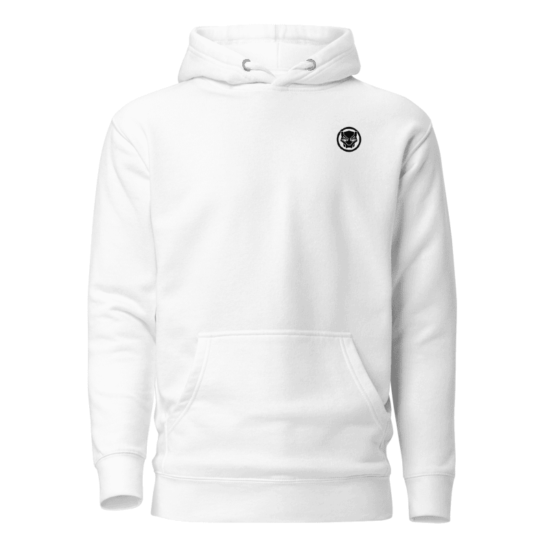 Back view of the premium and limited edition oversized white hoodie from Kashiba U will cool design inspired by Black Panther Logo from Marvel printed at the front upper left. Shop trendy graphic hoodie from Kashiba U online. Buy Now!