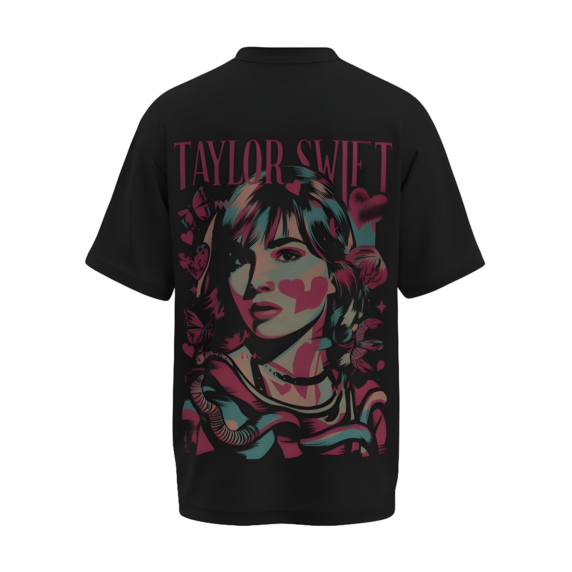 Back view of the premium oversized black t-shirt from Kashiba U with celebrity design inspired by Taylor Swift printed at the back of the t-shirt. Shop trendy merch perfect for every occasion for Taylor Swift fans from Kashiba U online. Buy Now!