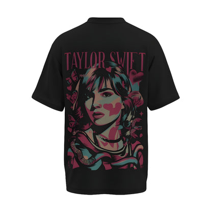 Back view of the premium oversized black t-shirt from Kashiba U with celebrity design inspired by Taylor Swift printed at the back of the t-shirt. Shop trendy merch perfect for every occasion for Taylor Swift fans from Kashiba U online. Buy Now!