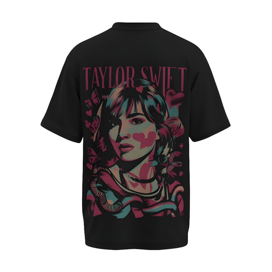 Back view of the premium oversized black t-shirt from Kashiba U with celebrity design inspired by Taylor Swift printed at the back of the t-shirt. Shop trendy merch perfect for every occasion for Taylor Swift fans from Kashiba U online. Buy Now!
