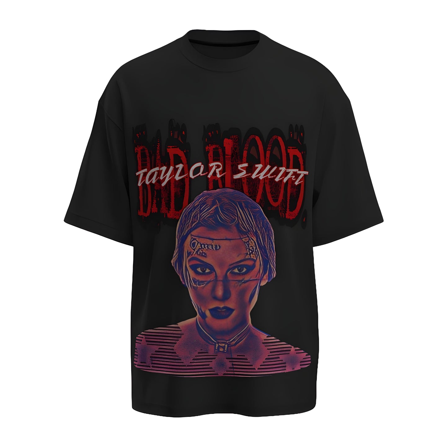 Front view of the premium oversized black t-shirt from Kashiba U with celebrity design inspired by Taylor Swift Bad Blood printed at the front of the t-shirt. Shop trendy merch perfect for every occasion for Taylor Swift fans from Kashiba U online. Buy Now!