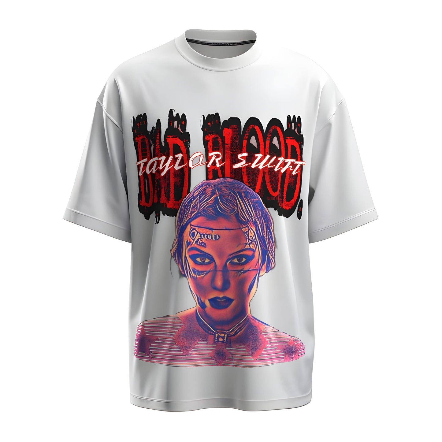 Front view of the premium oversized white t-shirt from Kashiba U with celebrity design inspired by Taylor Swift Bad Blood printed at the front of the t-shirt. Shop trendy merch perfect for every occasion for Taylor Swift fans from Kashiba U online. Buy Now!