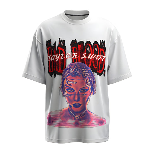 Front view of the premium oversized white t-shirt from Kashiba U with celebrity design inspired by Taylor Swift Bad Blood printed at the front of the t-shirt. Shop trendy merch perfect for every occasion for Taylor Swift fans from Kashiba U online. Buy Now!