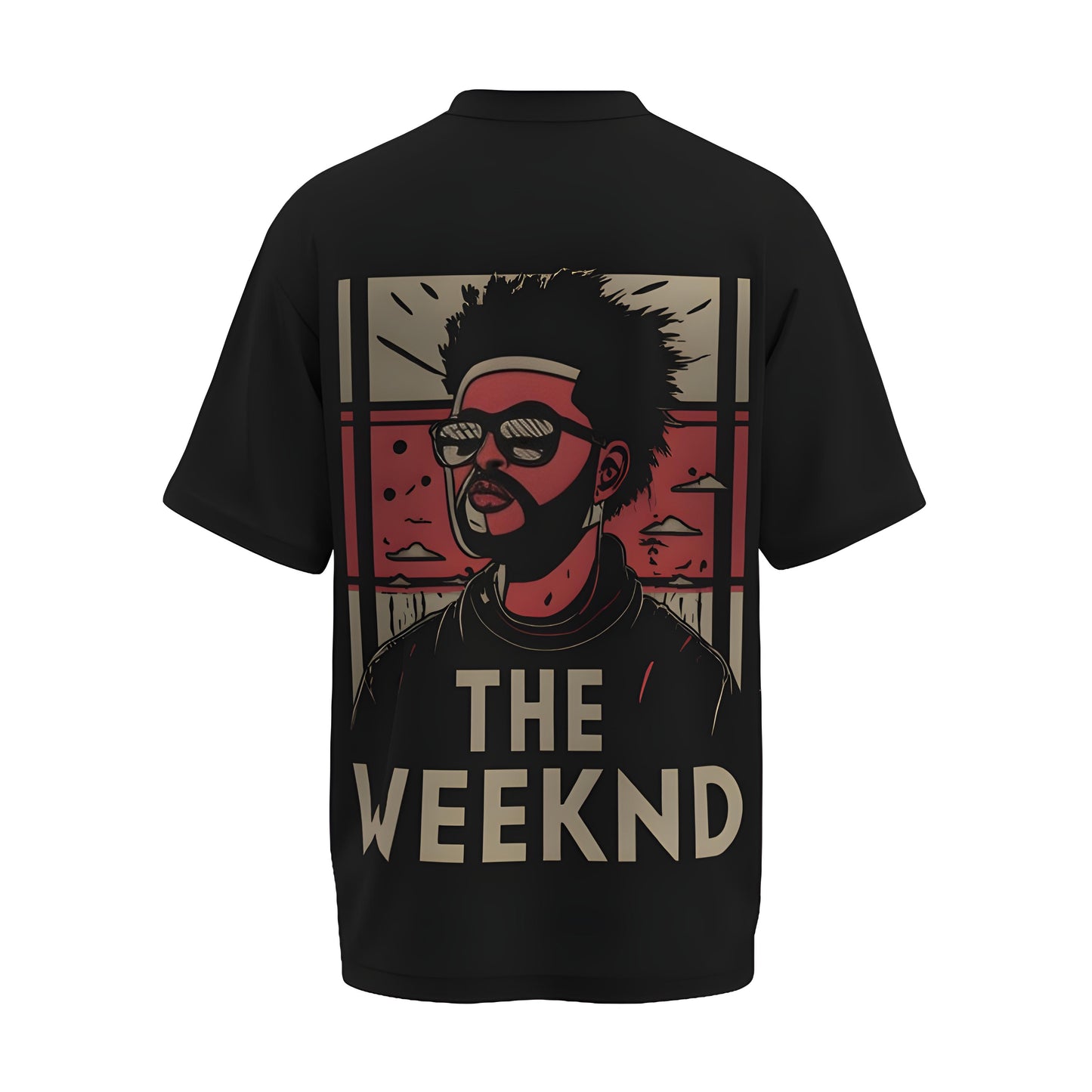 Back view of the premium oversized black t-shirt from Kashiba U with celebrity design inspired by the The Weeknd printed at the back of the t-shirt. Shop trendy merch perfect for every occasion for The Weeknd fans from Kashiba U online. Buy Now!