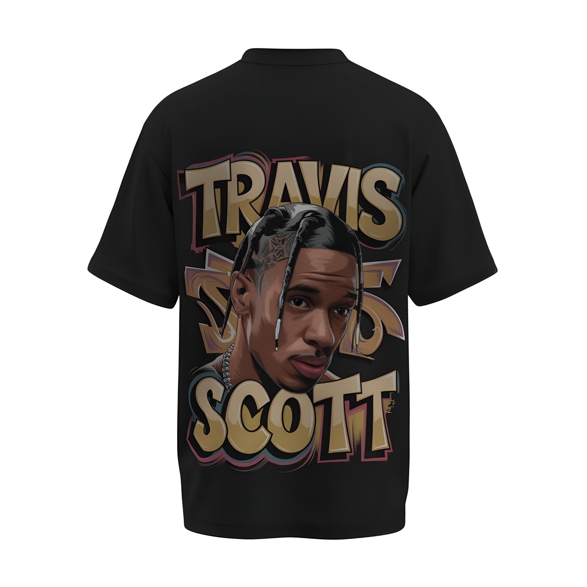 Back view of the premium oversized black t-shirt from Kashiba U with celebrity design inspired by the Travis Scott printed at the back of the t-shirt. Shop trendy merch perfect for every occasion for Travis Scott fans from Kashiba U online. Buy Now!