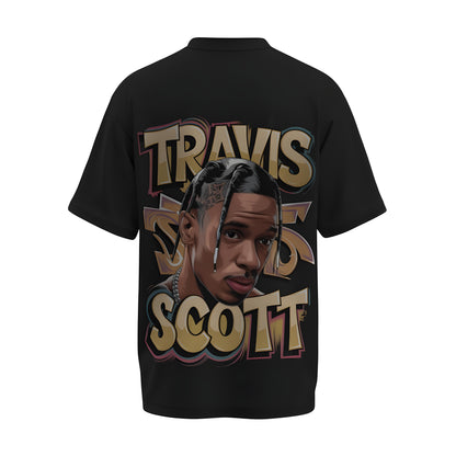 Back view of the premium oversized black t-shirt from Kashiba U with celebrity design inspired by the Travis Scott printed at the back of the t-shirt. Shop trendy merch perfect for every occasion for Travis Scott fans from Kashiba U online. Buy Now!