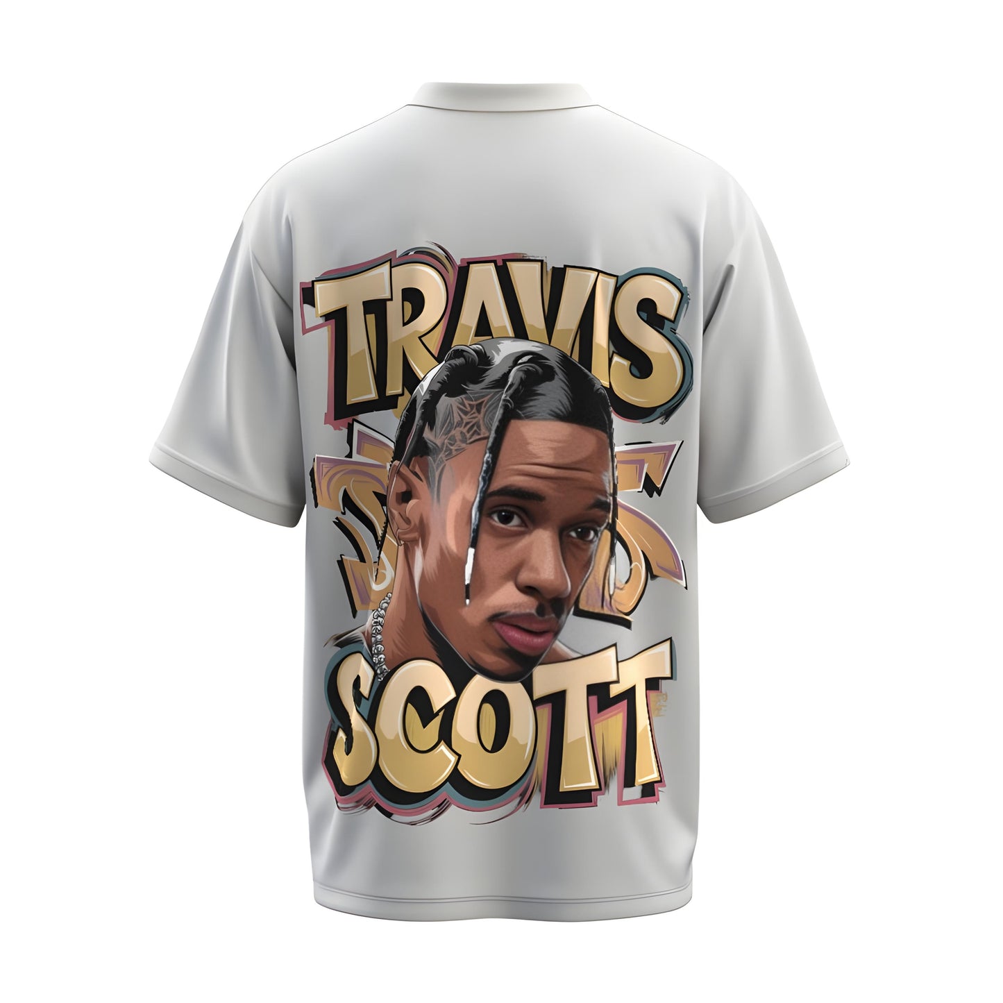 Back view of the premium oversized white t-shirt from Kashiba U with celebrity design inspired by the Travis Scott printed at the back of the t-shirt. Shop trendy merch perfect for every occasion for Travis Scott fans from Kashiba U online. Buy Now!