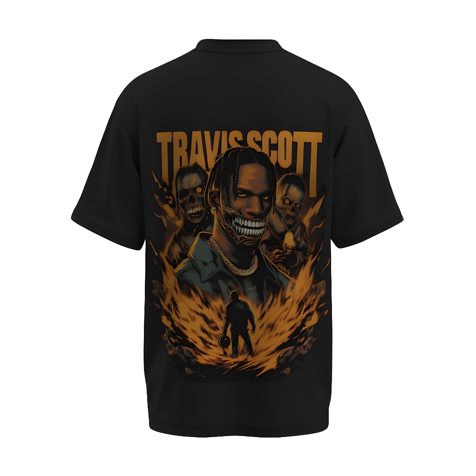 Back view of the premium oversized black t-shirt from Kashiba U with celebrity design inspired by the Travis Scott printed at the back of the t-shirt. Shop trendy merch perfect for every occasion for Travis Scott fans from Kashiba U online. Buy Now!
