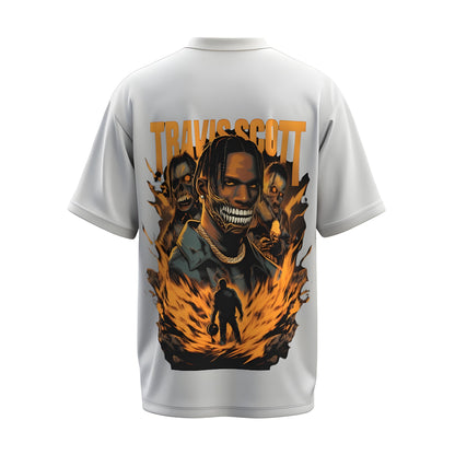 Back view of the premium oversized white t-shirt from Kashiba U with celebrity design inspired by the Travis Scott printed at the back of the t-shirt. Shop trendy merch perfect for every occasion for Travis Scott fans from Kashiba U online. Buy Now!