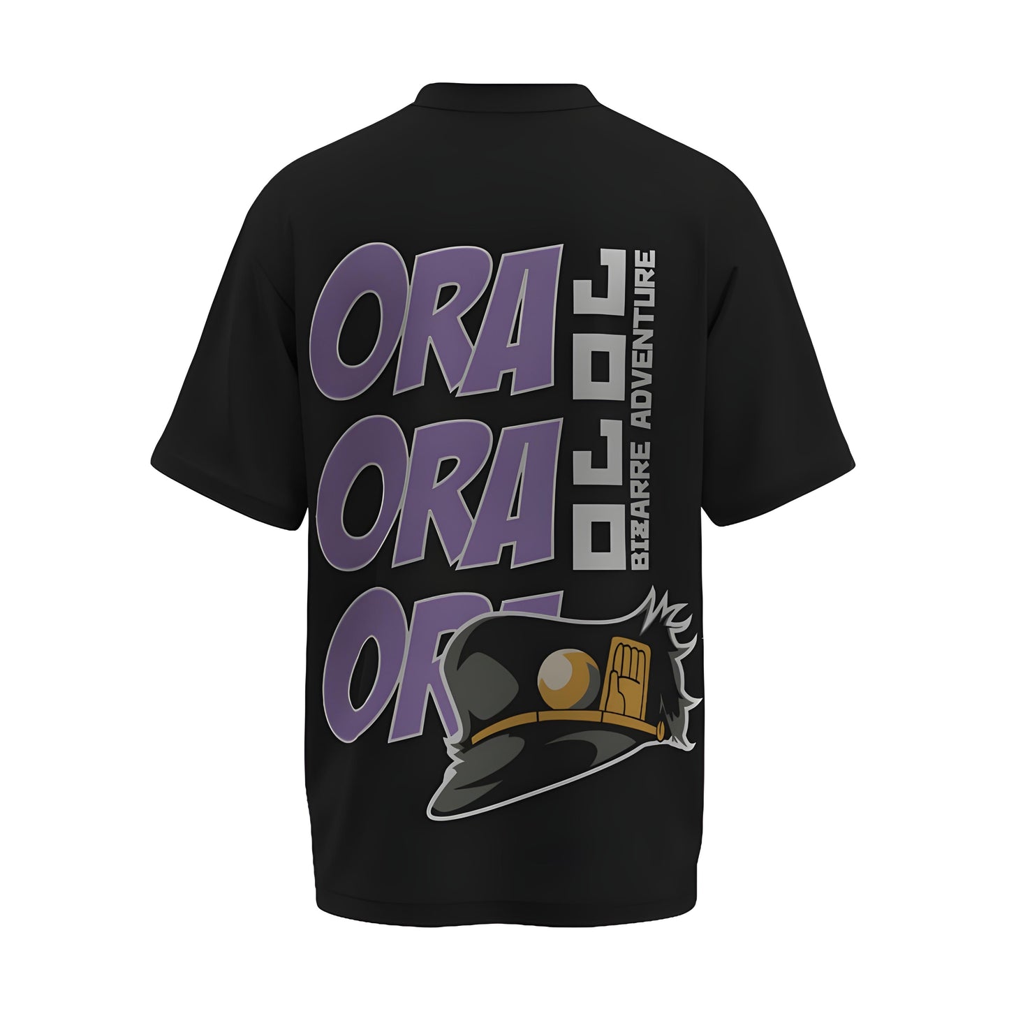 Back view of the premium oversized black t-shirt from Kashiba U with anime design inspired by the Jotaro from the anime called Bleach printed at the front of the t-shirt. Shop trendy anime merch from the website of Kashiba U online. Buy Now!