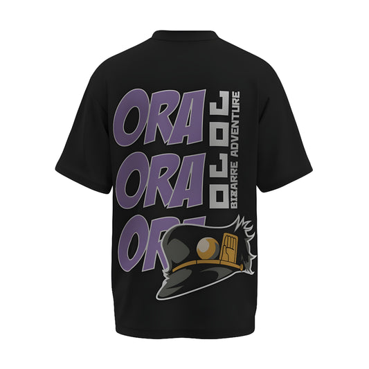 Back view of the premium oversized black t-shirt from Kashiba U with anime design inspired by the Jotaro from the anime called Bleach printed at the front of the t-shirt. Shop trendy anime merch from the website of Kashiba U online. Buy Now!