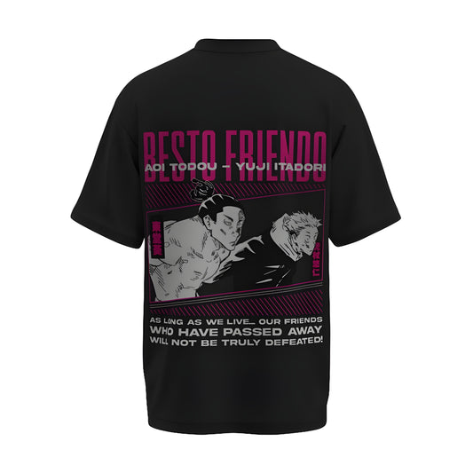 Back view of the premium oversized black t-shirt from Kashiba U with anime design inspired by the Itadori Yuji and Todo as Best Friends from the anime called Jujutsu Kaisen printed at the back of the t-shirt. Shop trendy anime merch from the website of Kashiba U online. Buy Now!