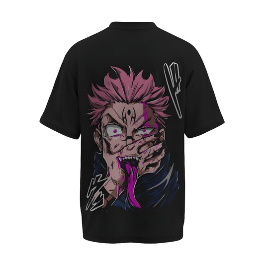 Back view of the premium oversized black t-shirt from Kashiba U with anime design inspired by the Sukuna and Itadori morphed from the anime Jujutsu Kaisen printed at the back of the t-shirt. Shop trendy anime merch from the website of Kashiba U online. Buy Now!