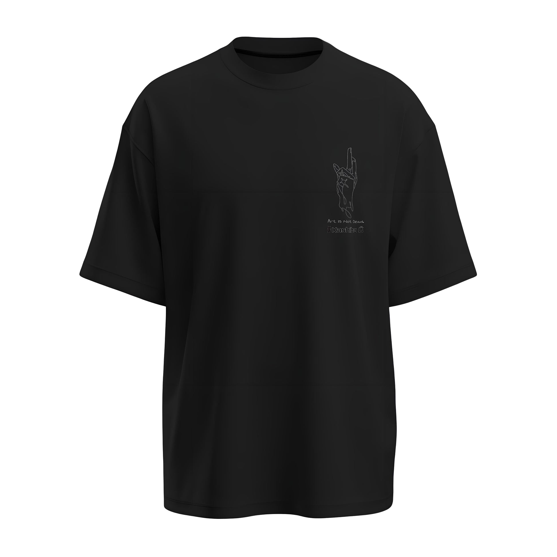 Front view of the premium oversized black t-shirt from Kashiba U with anime design inspired by the Domain Expansion Symbol saying ART IS NOT Dead from the anime called Jujutsu Kaisen printed at the front of the t-shirt. Shop trendy anime merch from the website of Kashiba U online. Buy Now!