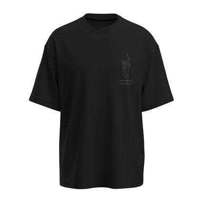 Front view of the premium oversized black t-shirt from Kashiba U with anime design inspired by the Domain Expansion Symbol saying ART IS NOT Dead from the anime called Jujutsu Kaisen printed at the front of the t-shirt. Shop trendy anime merch from the website of Kashiba U online. Buy Now!