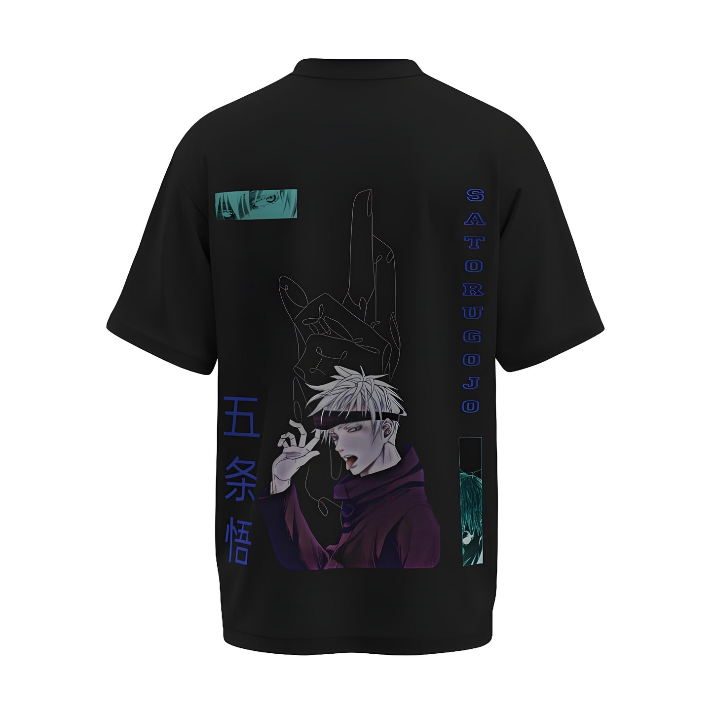 Back view of the premium oversized black t-shirt from Kashiba U with anime design inspired by the Gojo Satoru from the anime called Jujutsu Kaisen printed at the back of the t-shirt. Shop trendy anime merch from the website of Kashiba U online. Buy Now!