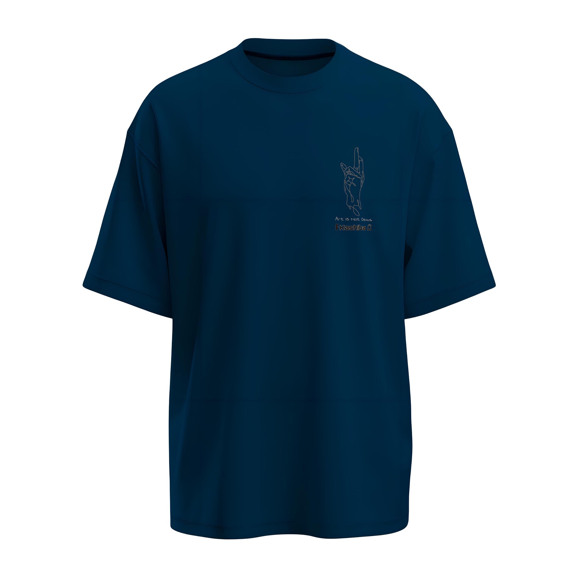 Front view of the premium oversized navy blue t-shirt from Kashiba U with anime design inspired by the Domain Expansion Symbol saying ART IS NOT Dead from the anime called Jujutsu Kaisen printed at the front of the t-shirt. Shop trendy anime merch from the website of Kashiba U online. Buy Now!